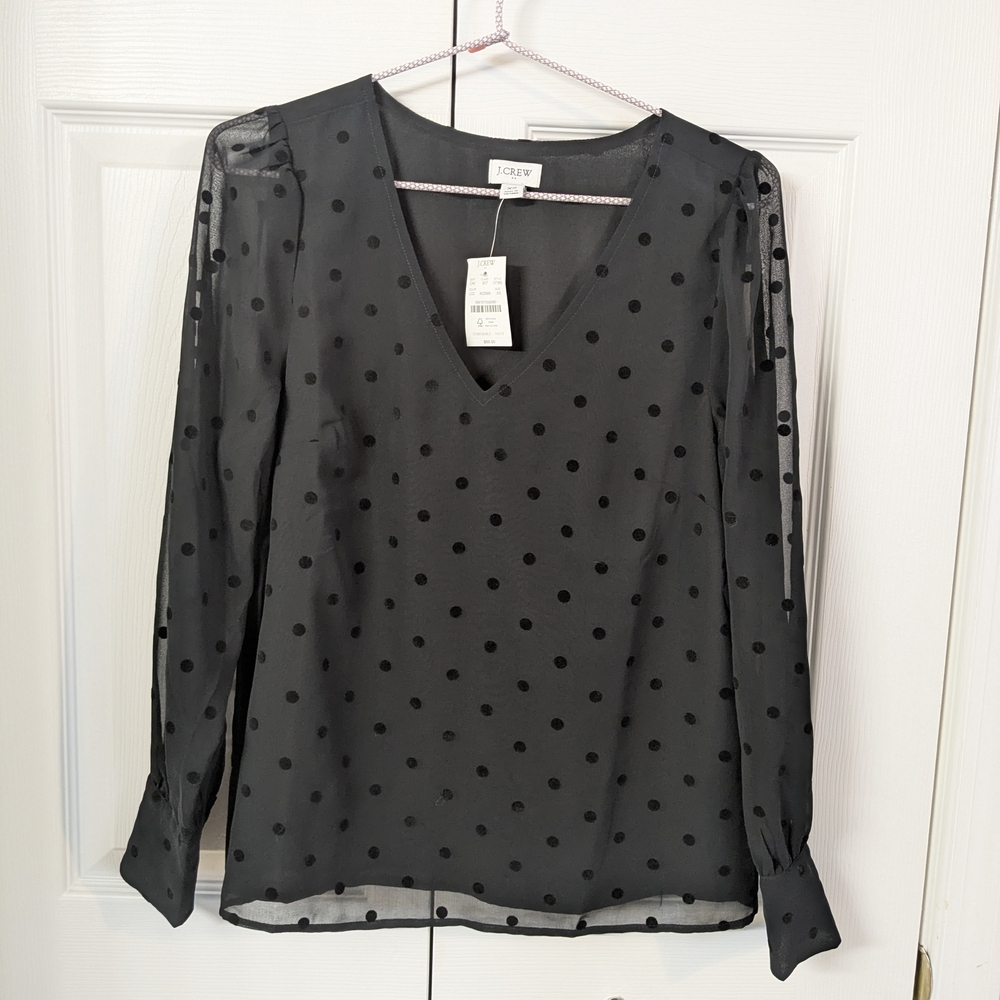 J. Crew Factory Black Chiffon Dotted Top size XS blouse